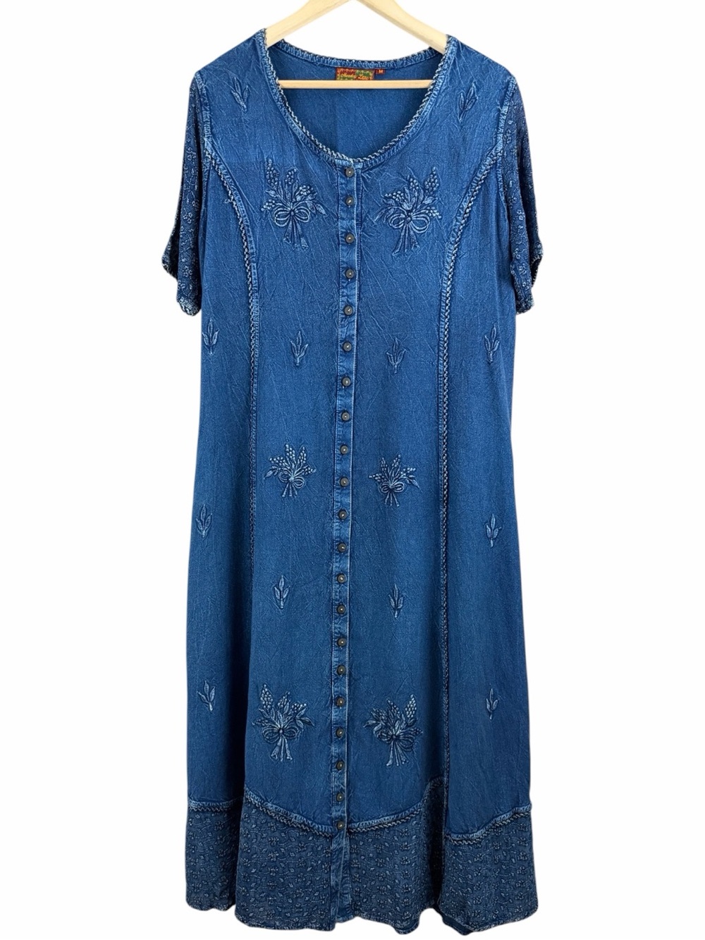 Vintage Meadow Lane Embroidered Denim-Look Maxi Dress Cottagecore Boho Medium